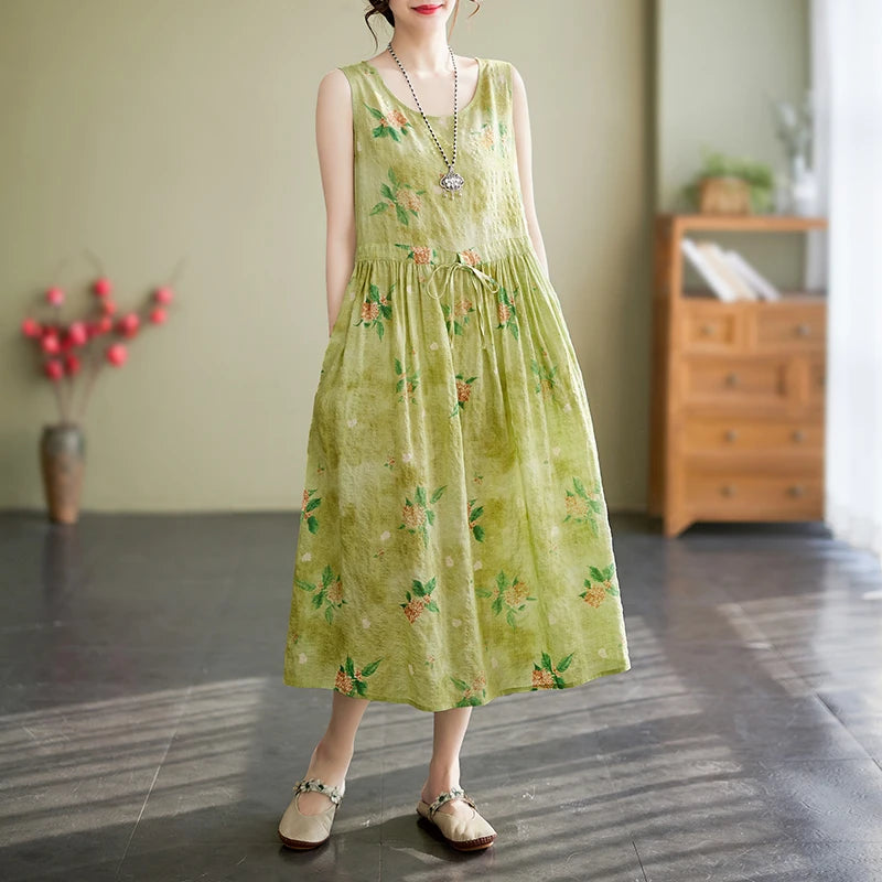 Vestidos De Mujer Summer Dress for Women Floral Print  Cotton Linen Retro New Sleeveless Pullover A-line Loose Long Maxi Dresse