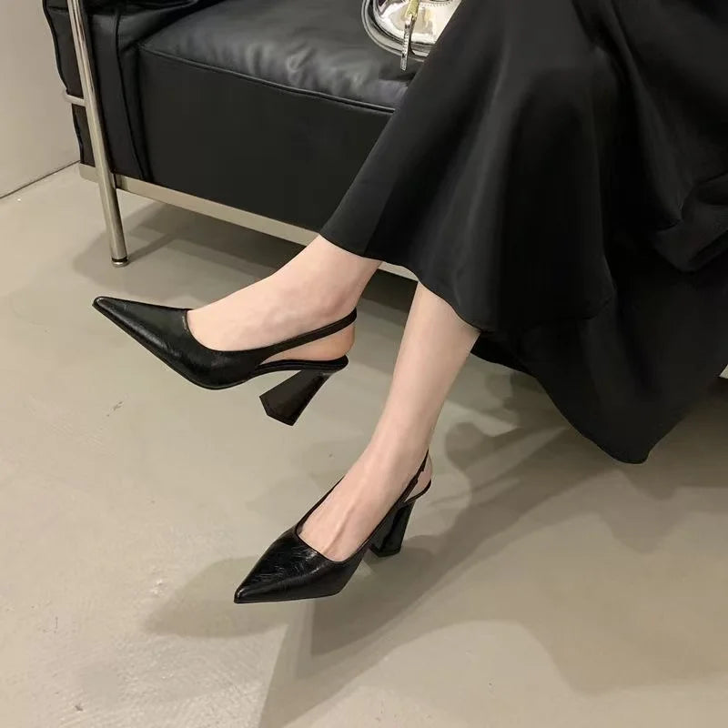 Fashionable Comfortable Summer High Heels Pointed Toe Versatile Sweet Ladylike Style Modern Wind Low Help PU Material Sandals