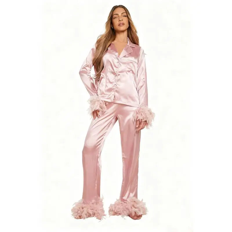 Silky Satin Pajama Set Casual Long Sleeved Sleepwear Women Lapel Top & Pants Suit  Luxury Ostrich Feathers Wedding Pijamas