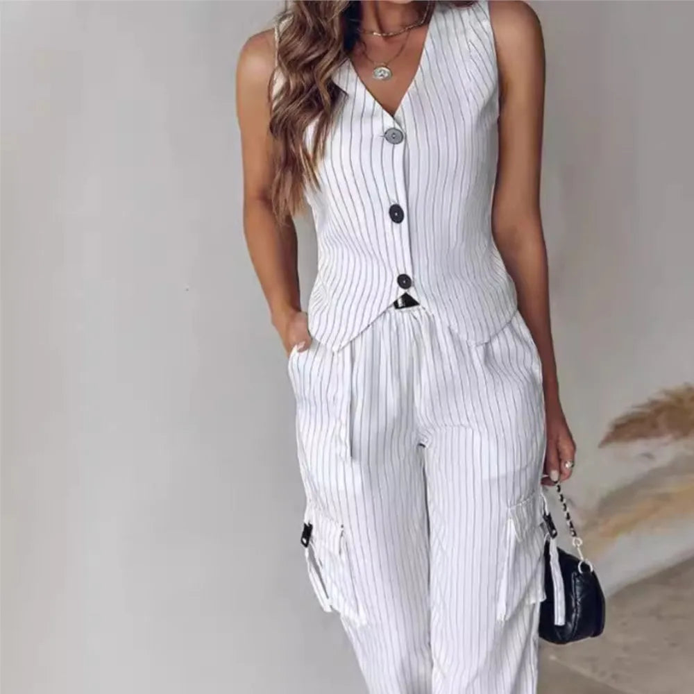 Women's Fashion Striped Printed Vest Trousers 2-Piece Set Spring Summer New Casual Sleeveless Vest Pocket Work Pants Female Set