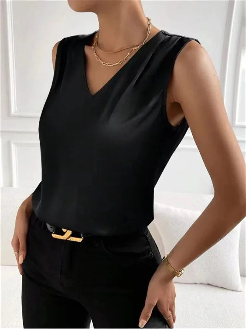 Women's vest elegant temperament V-neck vest summer vacation simple solid color fashion all-matching sleeveless top