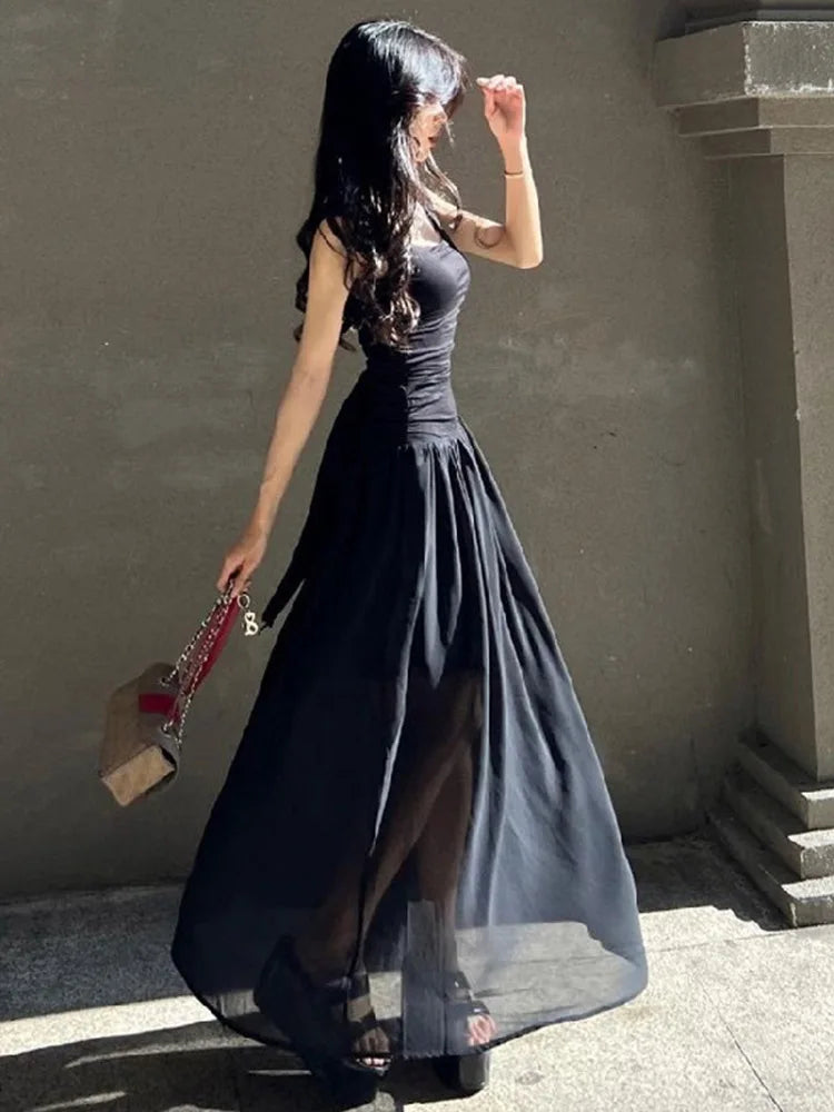 Elegant Slip Long Dresses Sexy Women Ruched Bodycon Solid Maxi Dress Spring Y2K Summer Temperament High-waist Vestidos