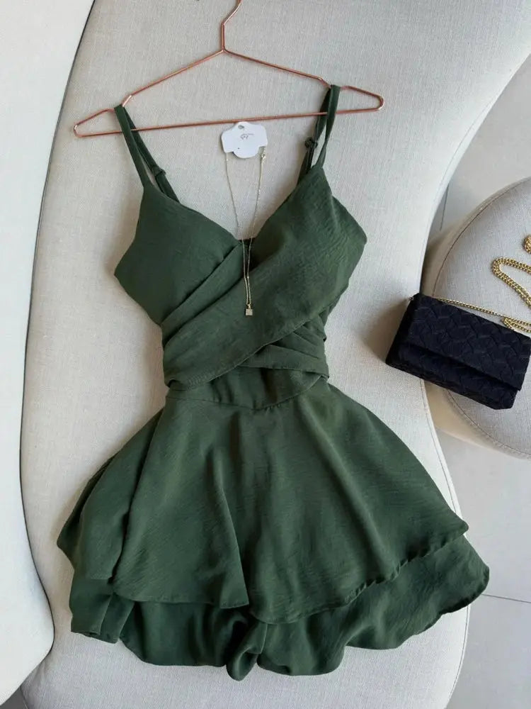 Vintage Summer Sexy Women Spaghetti Strap Dress Sleeveless Ruffles Layered V-Neck Dress Backless Slim Fitting Skirt Solid Dress