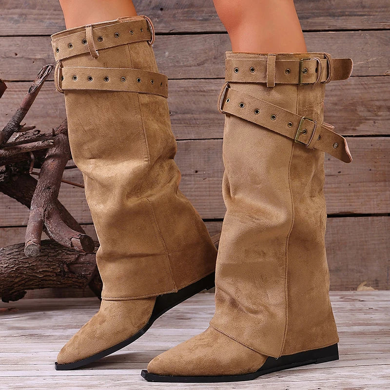 Faux Suede Knee High Western Boots Women 2026 Autumn Buckle Strap Pointed Toe Cowboy Boots Woman High Heel Khaki Long Booties