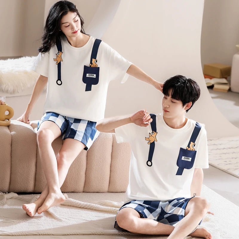 Summer Couple Pajama Set 100% Short Sleeve Pyjamas Men and Women Casual Pijama
