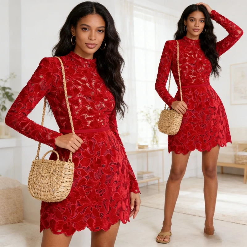 Dress Women Sexy Dresses Round Collar Hollow Out Belt Tight Waist Party Gown Temperament Elegant Vestidos 2025 Female A Line