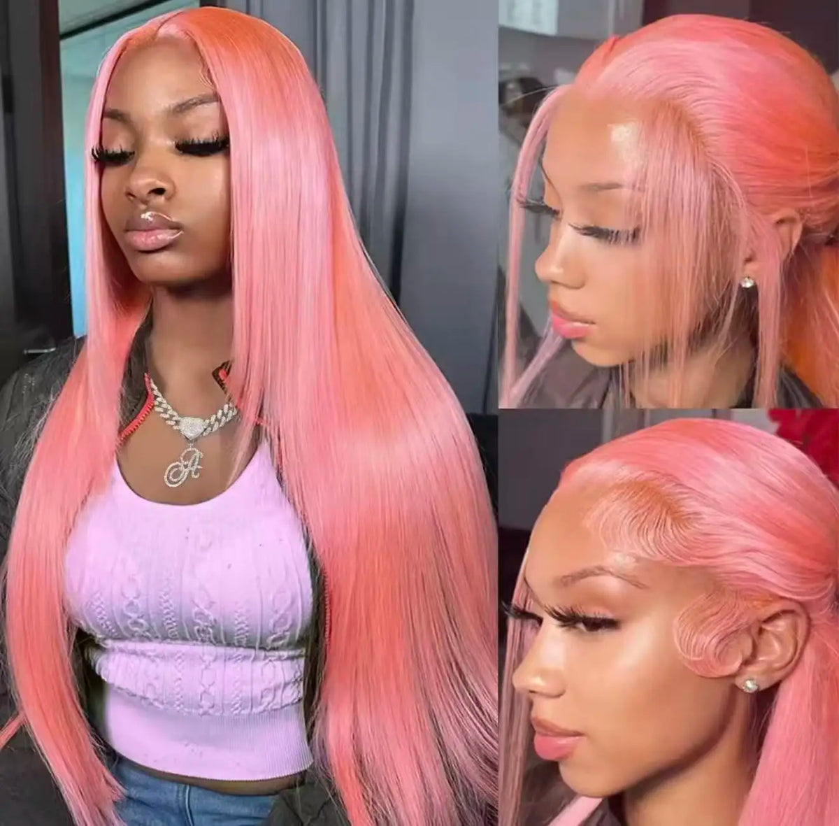Pink Color Long Silky Straight 13X4X1 HD Full Lace Frontal Wigs For Black Women Preplucked With Baby Hair Daily Party Cosplay