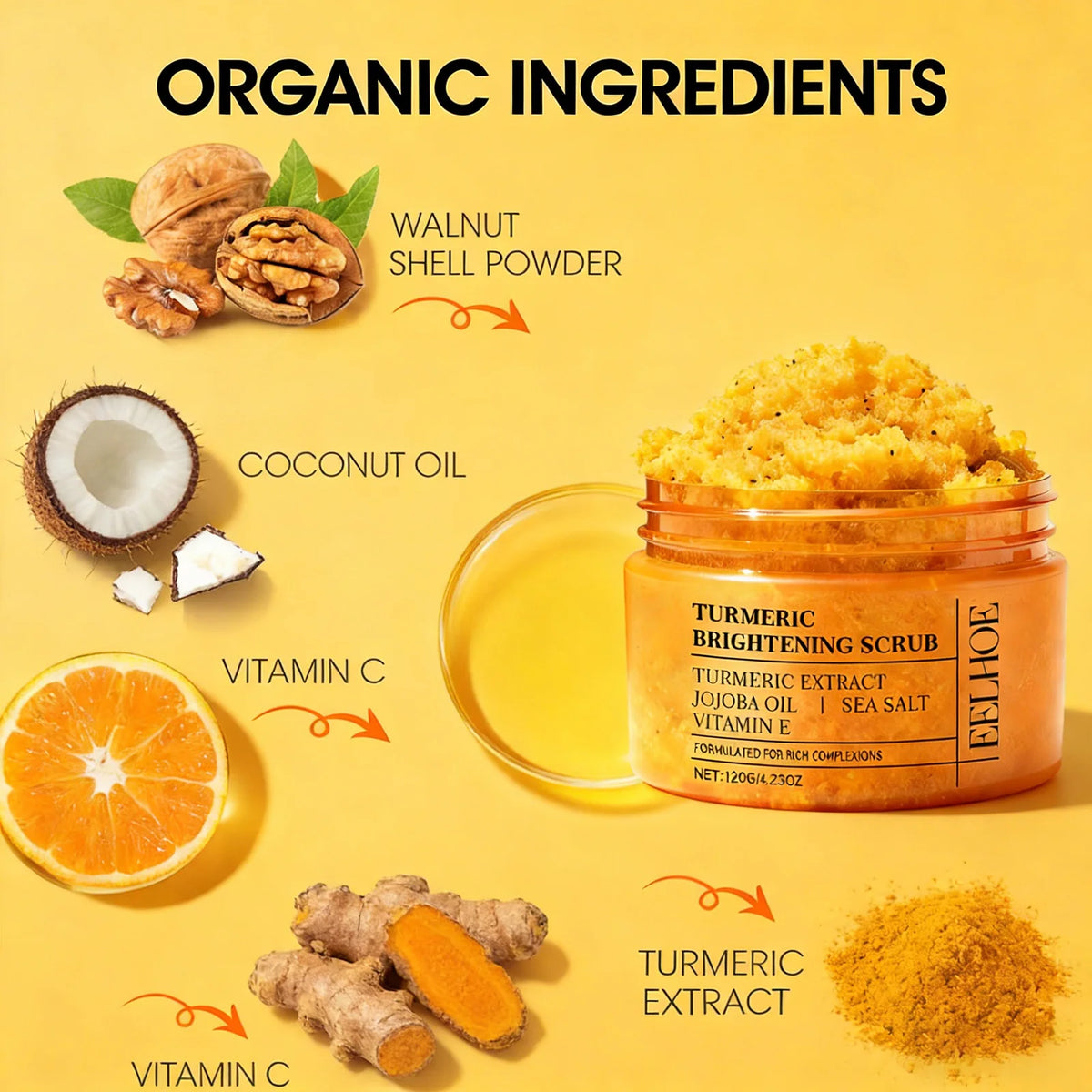 Turmeric Body Scrub - All-Natural Exfoliator for Body, Face, Hand & Foot, Gently Moisturizes & Brightens Skin for All Skin Types