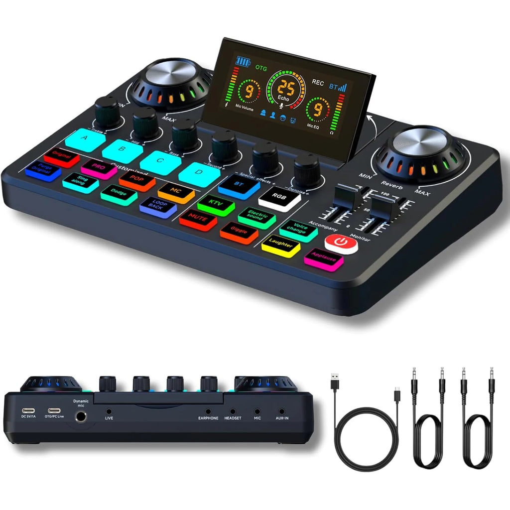 Audio Mixer, Live Sound Card with DJ Mixer Effects & Voice Changer, Sound Board with RGB, Music Recording Equipment