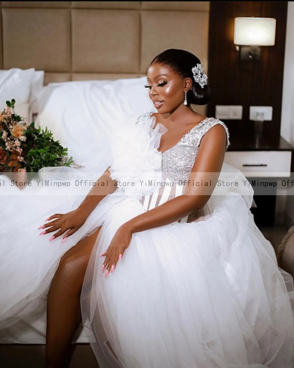 African White Pre-Wedding Dresses for Bride V Neck Side Split Tulle Bridal Shower Robe Dress Bachelorette Party Gown Customized