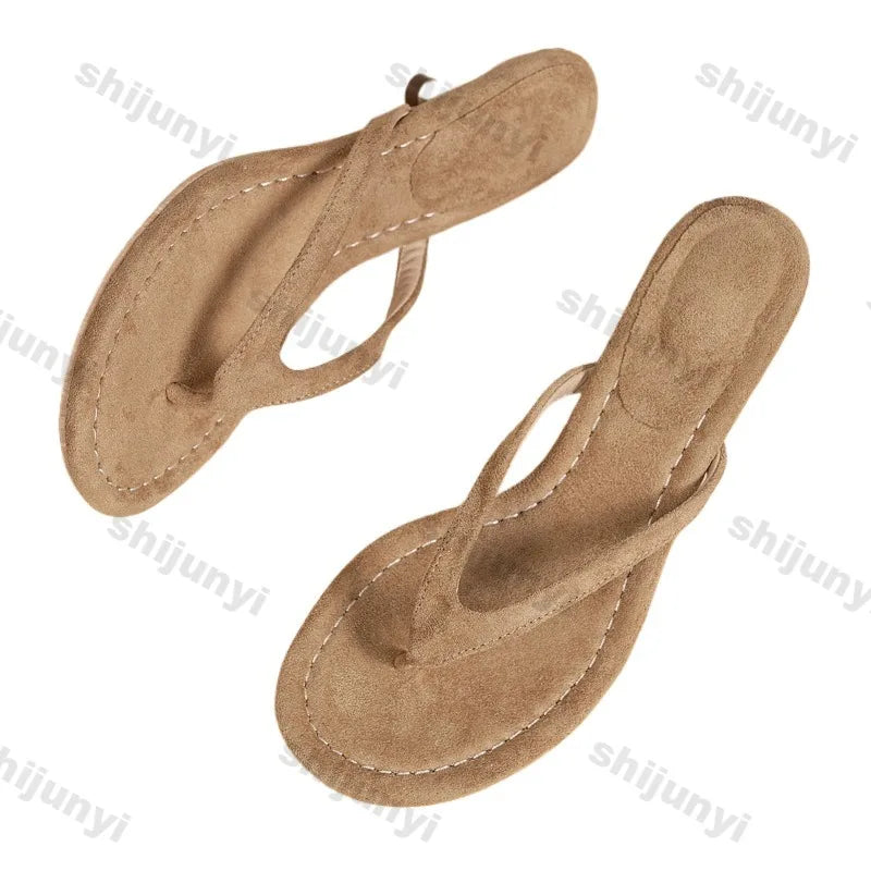 2026 Summer Fashion Thin Heels Clip Toe Slippers Women Comfort Round Clip Toe Low Heel Sandals Mules Shoes Zapatos De Mujer