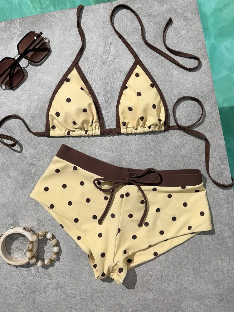 Women's Polka Dot Brazilian Bikini Set Sexy Triangle Top Exposed Back Side Slotted Thong Bottom Two-Piece Swimsuit