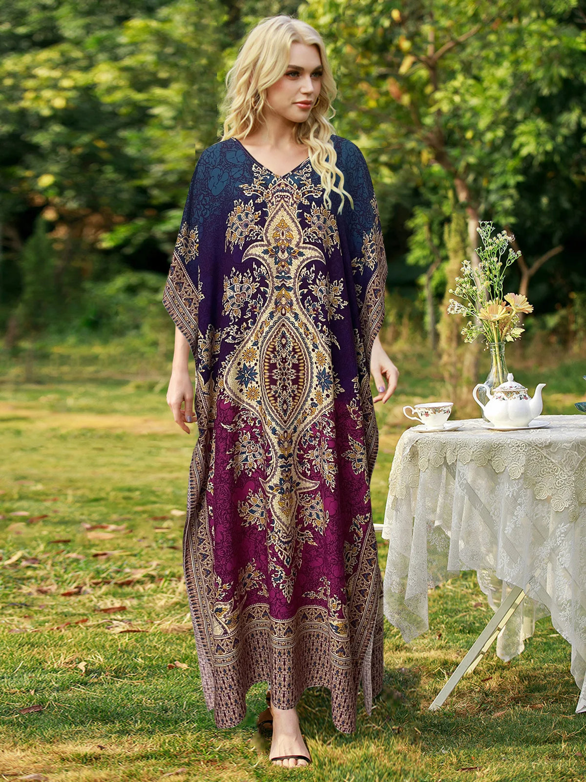 Bohemian V-neck Vacation Dresses for Women Summer Loose Casual Beach Dress Sunscreen Ethnic Printed Long Dress Middle East Robe