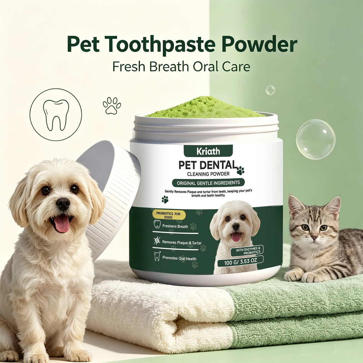 Pet Dental Cleaning Powder Freshen Breath Remove Plaque Tartar Probiotics Enzyme Dog Teeth Care Powder Daily Pet Oral Care 100g