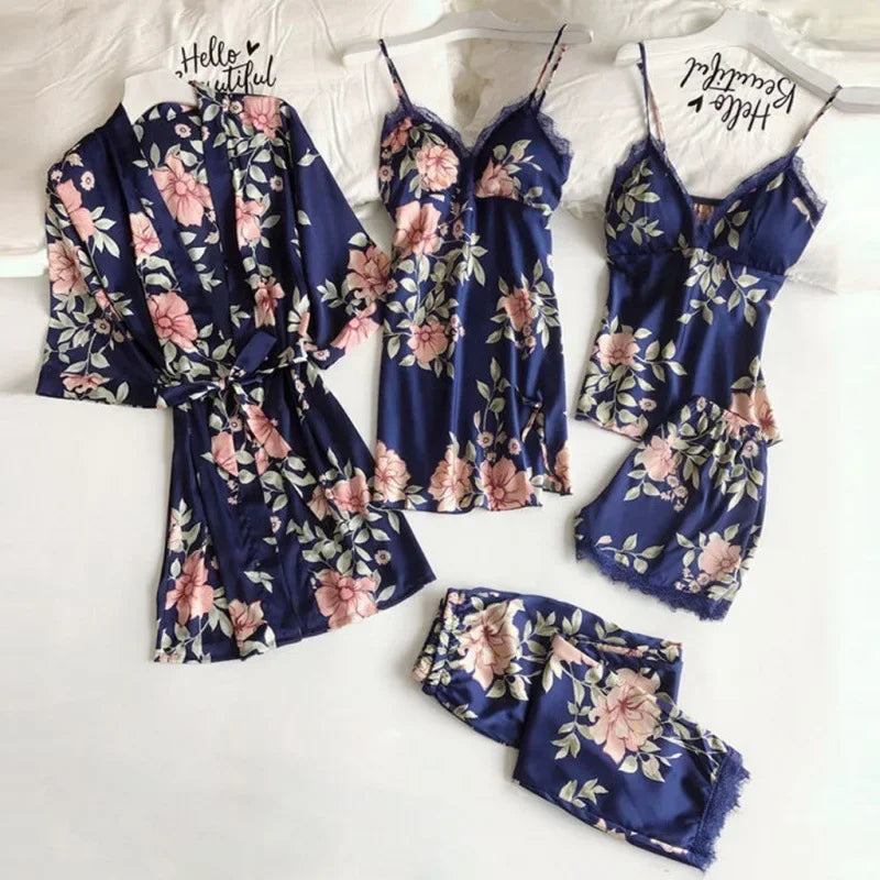2026 Pajamas for Women Summer Sexy Pajamas Five-piece Set Suspender Pajamas for Women Home Wear with Chest Pad Bathrobe