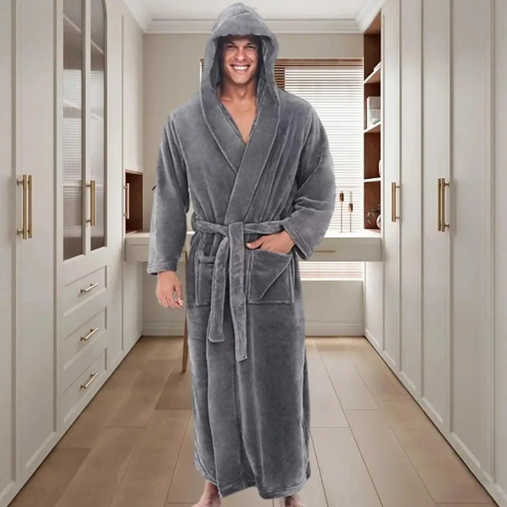Plush Bathrobe Luxurious Men's Hooded Bathrobe with Adjustable Belt Ultra Soft Absorbent Male Robe with Pockets Plush Solid