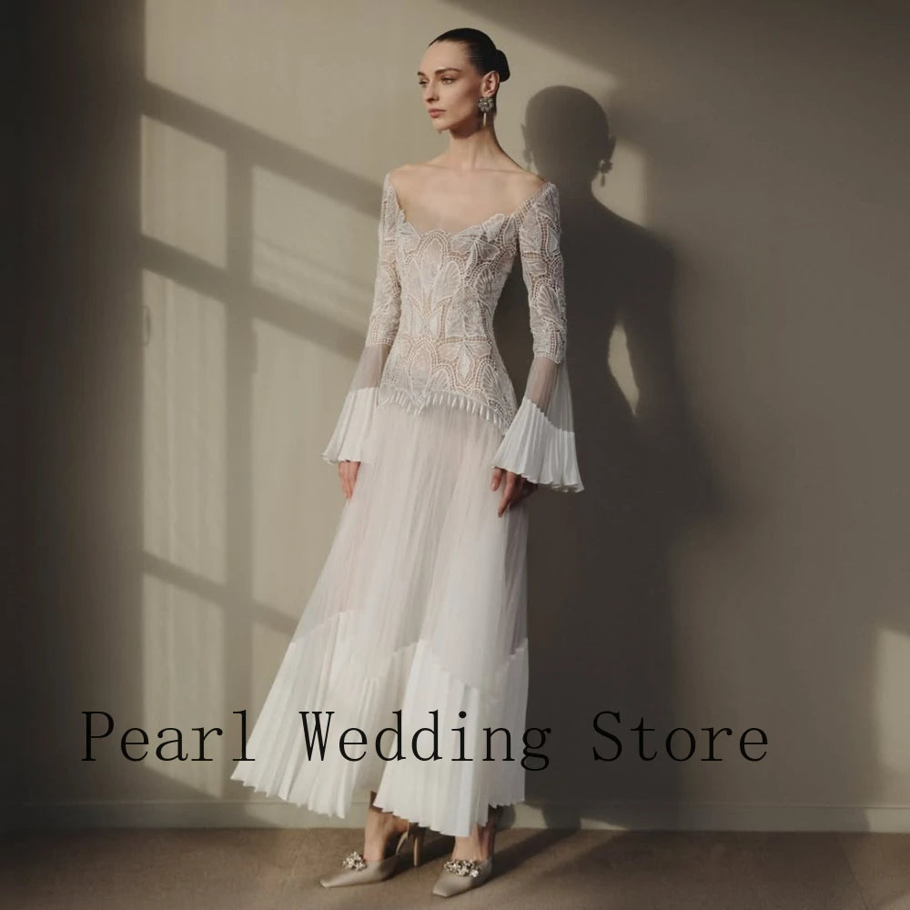 2026 New White Off Shoulder Evening Gown Lace Flare Sleeve Midi Formal Dress Robe De Soiree Vestido De Fiesta Prom