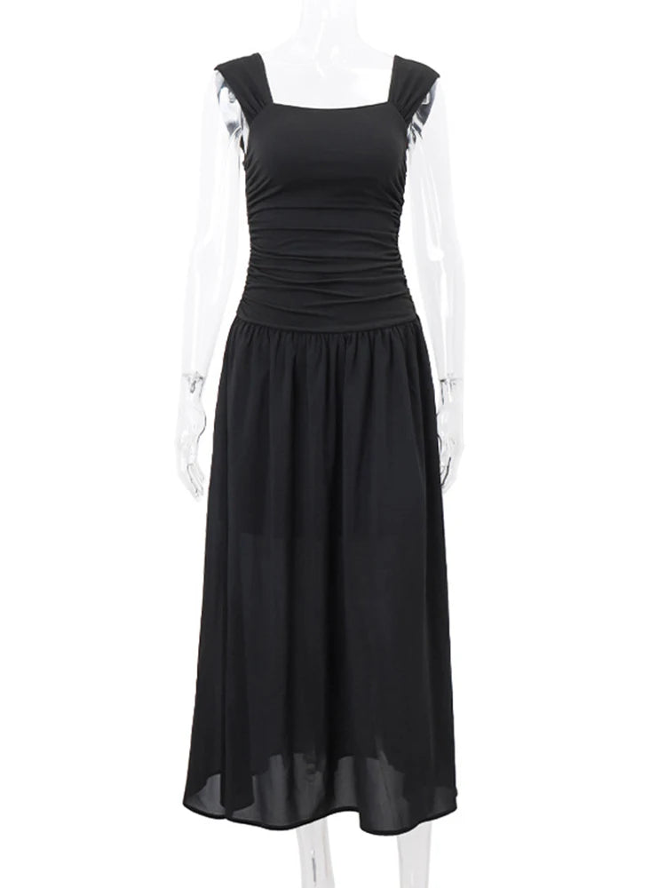 Elegant Slip Long Dresses Sexy Women Ruched Bodycon Solid Maxi Dress Spring Y2K Summer Temperament High-waist Vestidos