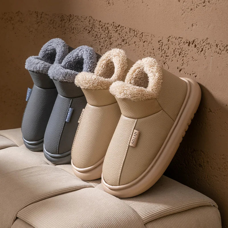 Warm Winter Snow Boots For Men Women PU Leather Waterproof House Slippers Thick Sole Fleece Lined Indoor Outdoor Couple Booties