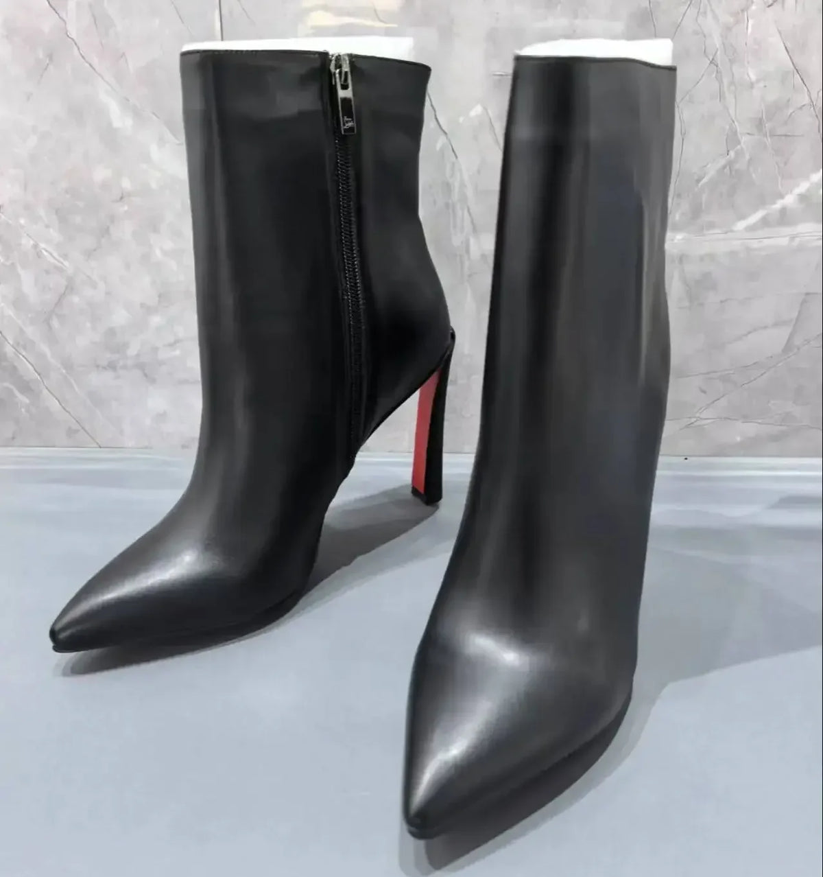 Black Leather Botas De Mujer Pointed Toe Shoes Female High Heels Red Sole Mid-Calf Boots For Women Office Lady Banquet Elegant