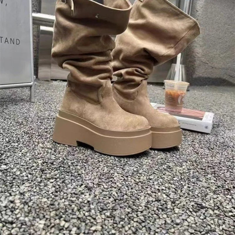 2026 Women's Fashion Thick Heels Knee High Boots Flock Slip on Western Boots Woman Spring Autumn Soft Leather Short Botas Mujer