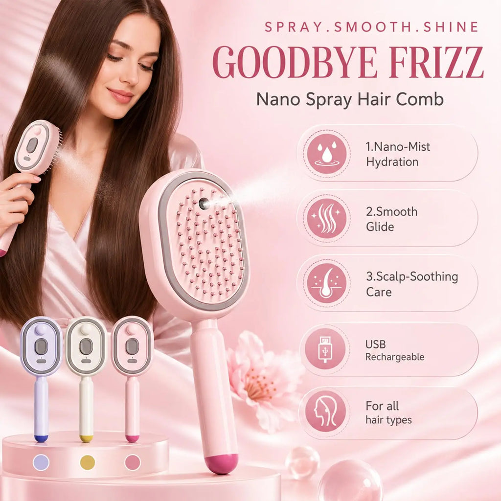 Electric Air Cushion Massage Spray Comb, Hair Brush With Water Spray, Self-Cleaning Anti-Tangle Anti-Static For Frizzy Hair