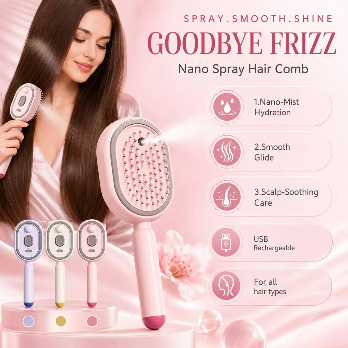Electric Air Cushion Massage Spray Comb, Hair Brush With Water Spray, Self-Cleaning Anti-Tangle Anti-Static For Frizzy Hair