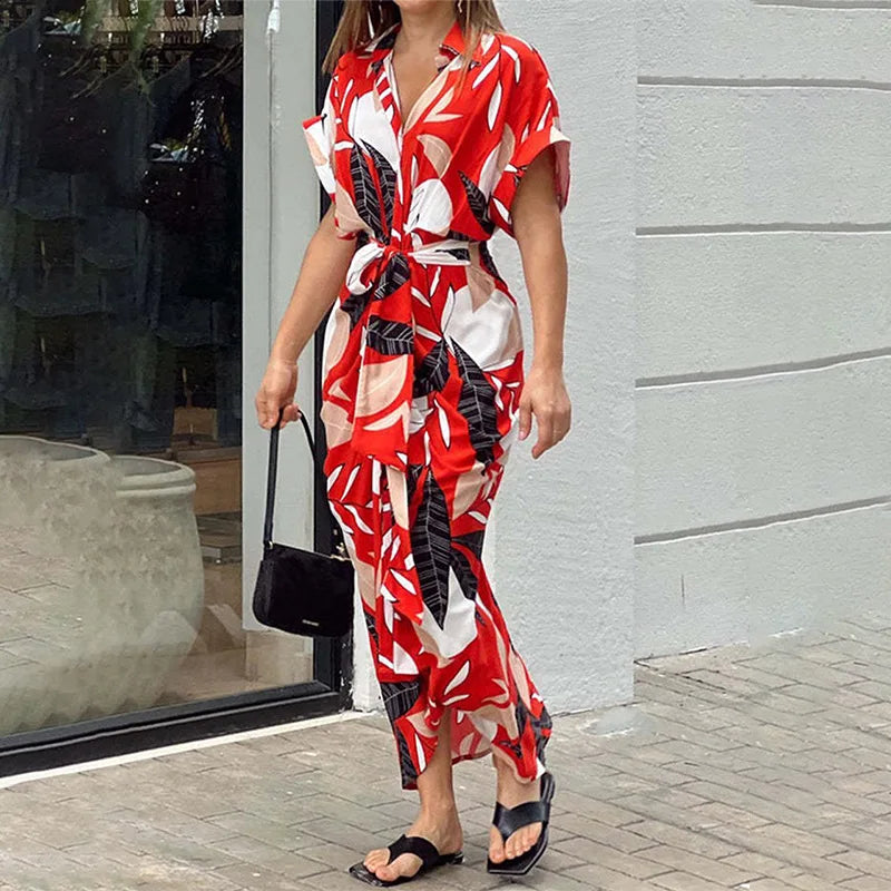 Elegant Dresses For Lady Vestidos 2026 Woman Dress Vestido Commuting Temperament Printed Irregular Leace-up Lapel Slim Contrast