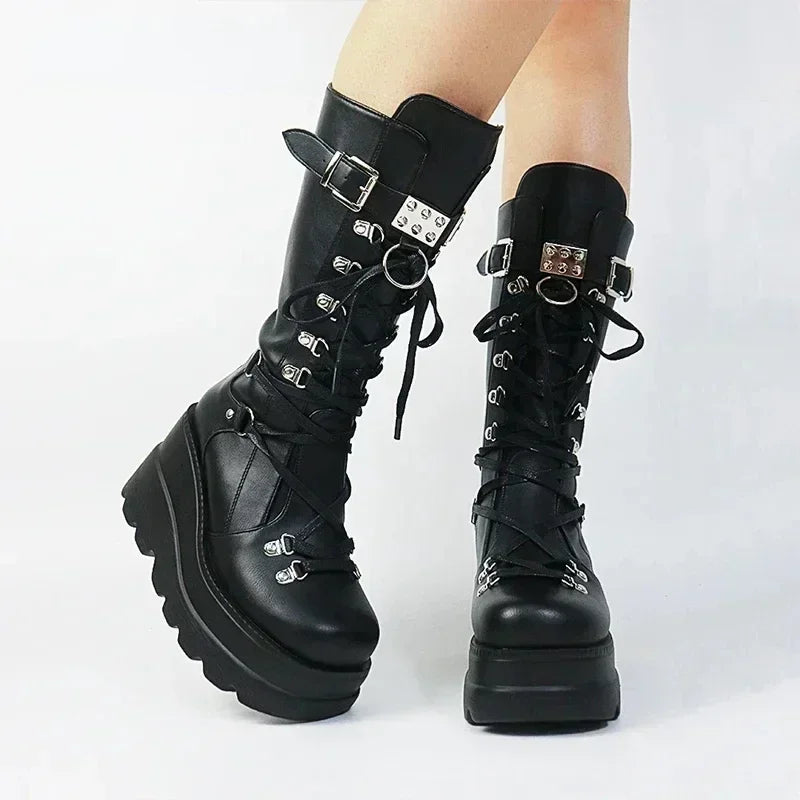 Women High Boots Cosplay Mid-calf Boots High Platform Wedges Boots 2025 Autumn Winter New Designer Gothic Shoes for Women Botas