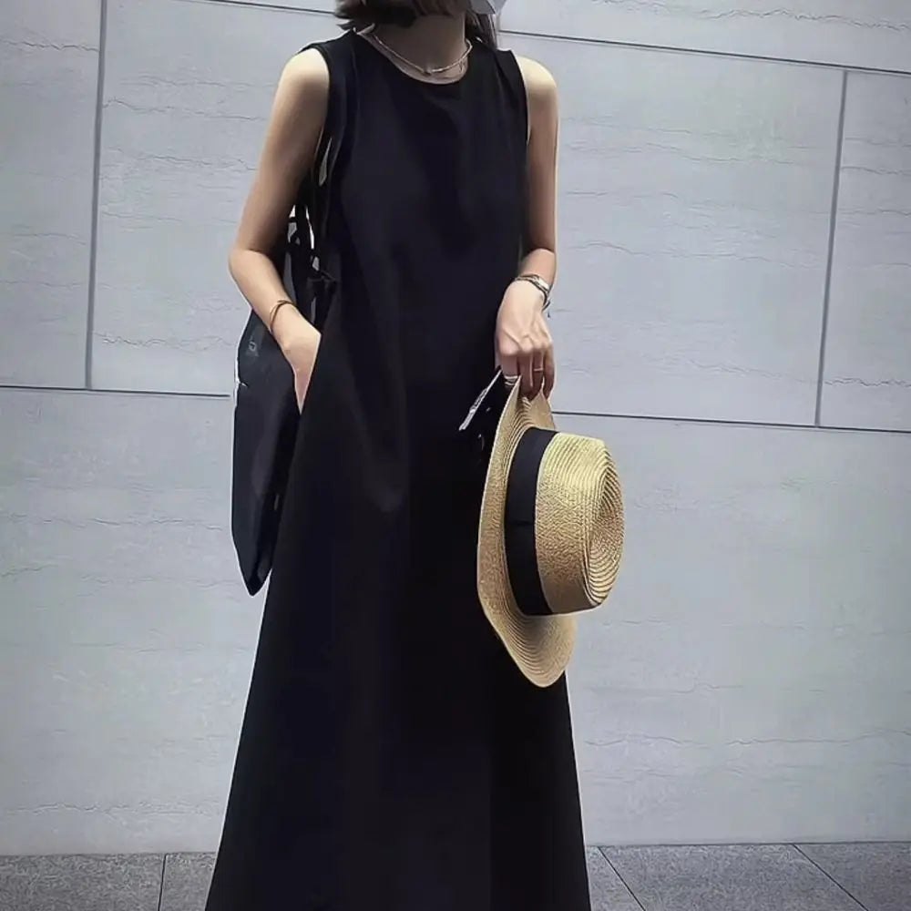 Elegant Solid Summer Sleeveless Dress Round Neck Hollowed Out Vocation Vest Dresses Beachwear Simple Open Back Long Dress Party