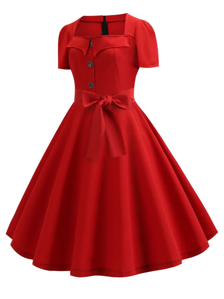 Women Summer Dress Elegant Retro Vintage 50s 60s Robe Rockabilly Swing Pinup Dresses Casual Red Party Vestidos
