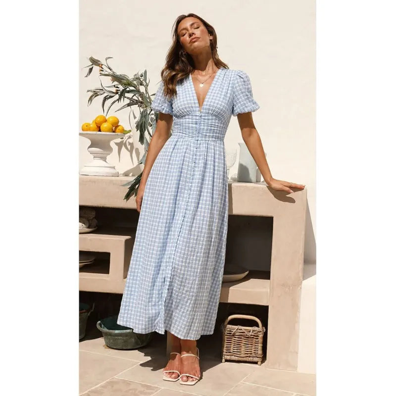 Woman Summer Elegant Midi Dress Sexy Deep V-neck Puffed Sleeves Simple Style High Waist Dresses Lady Solid Color Sweet Vestidos