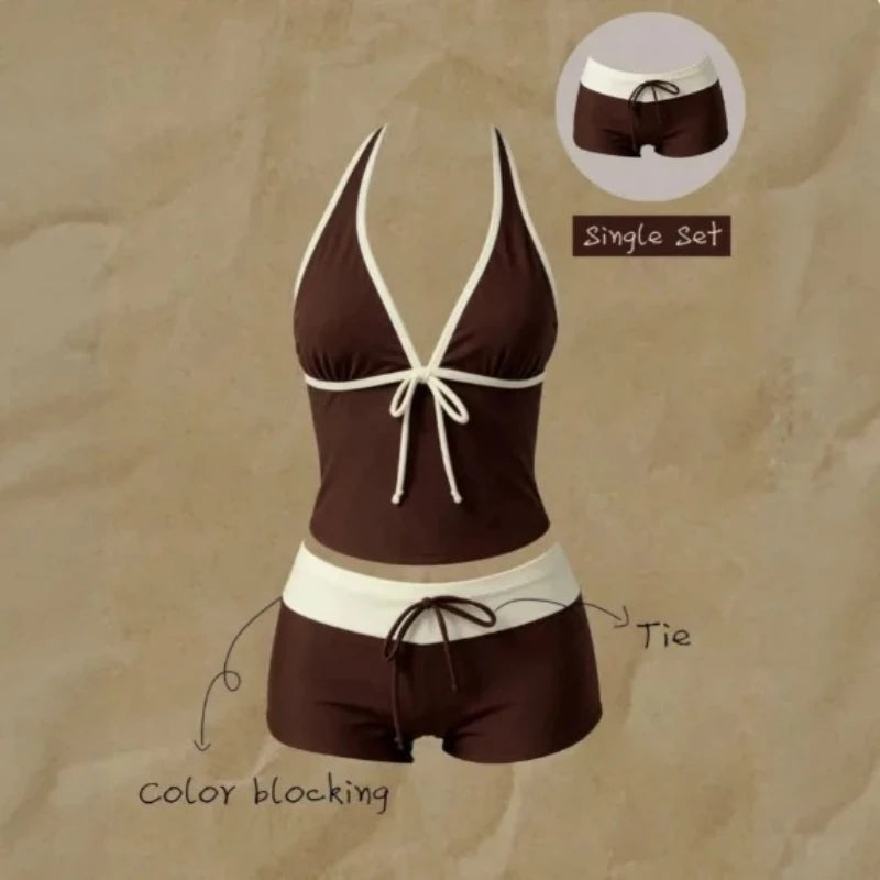 Women Beach Style Bikini Swimwears 2-Piece Tankini Suits Halter V-Neck Tie Cami Top Bodycon Contrast Waistband Swim Beachwear