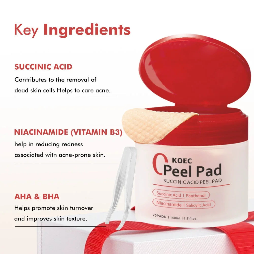 70PCs KOEC Zero Pore Succinic Acid Peel Pad Moisturizing Soothing Exfoliating Acne Care Salicylic Acid Niacinamide Panthenol