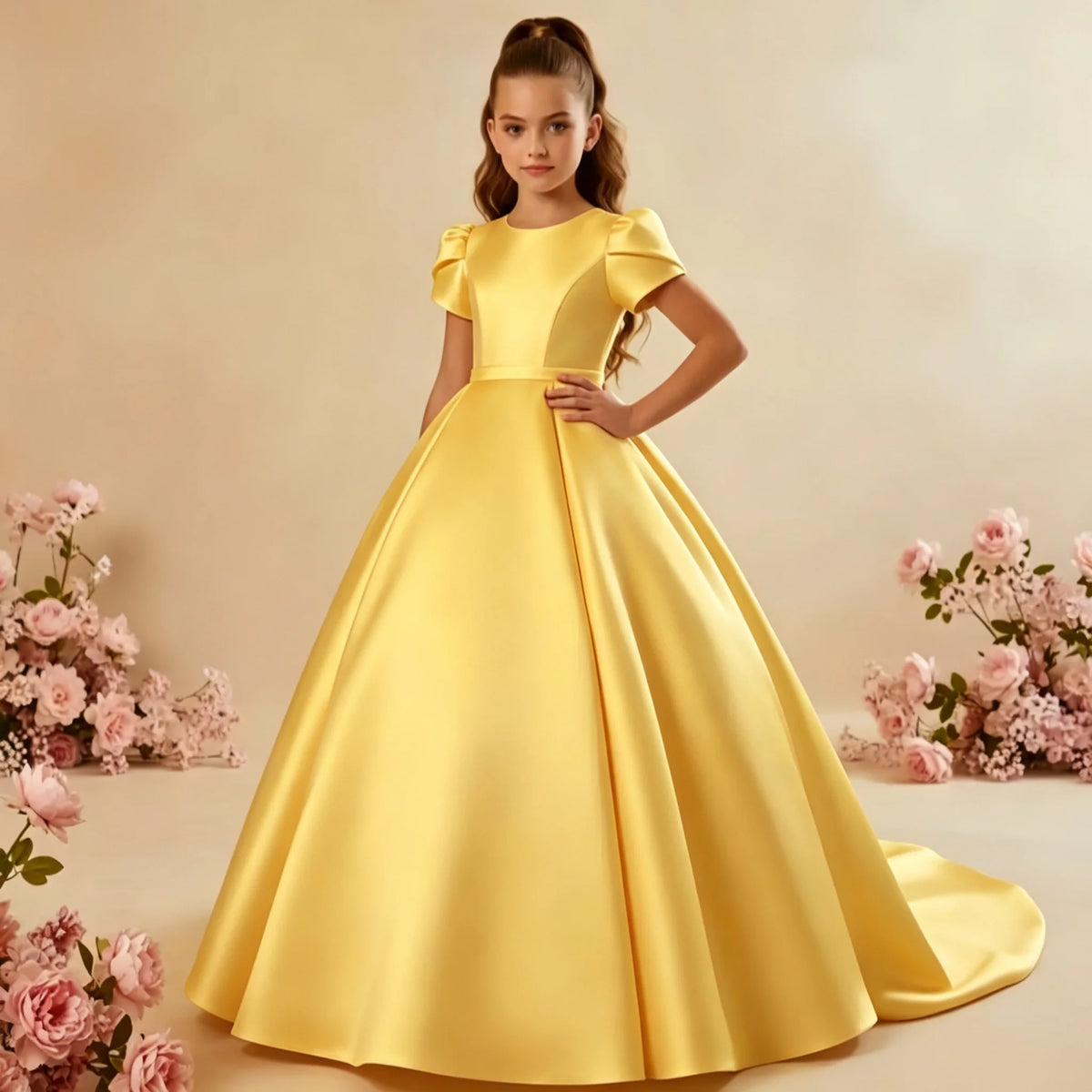 White Flower Girl Dress for Wedding With Bow Satin Floor Length Elegant First Communion Ball Birthday Party Gowns