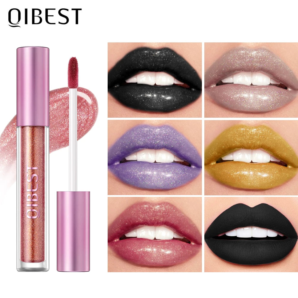 QIBEST Glitter Pearlescent Lipgloss Moisturizing Lasting Non-Stick Cup Shimmer Shiny Liquid Lipsticks Black Purple Lip Tint