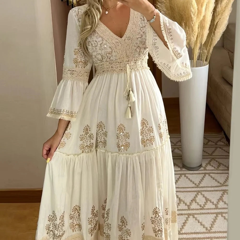 Women's Summer Boho Floral Print Long Dress Sexy V-Neck Dresses Female Beach Holiday Flowy Dress Ladies Elegant Vintage Vestidos