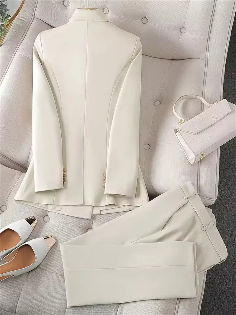 Fashion Office Ladies Pant Suit 2 Piece Sets Women Solid Double-breasted Business Work Wear Blazer Jacket and Trouser Female
