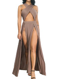 Black Solid Sleeveless Dresses Women Summer Party Bodycon Hollow Out Sexy V Neck Split Maxi Dresses Open Waist Long Vestidos
