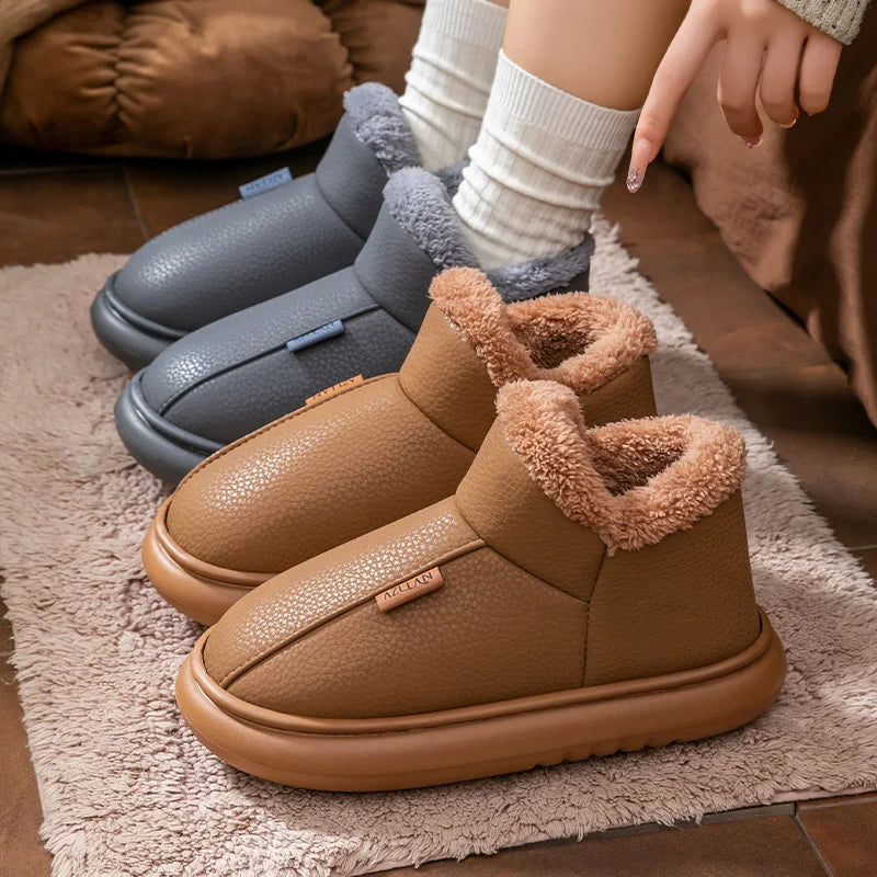 Warm Winter Snow Boots For Men Women PU Leather Waterproof House Slippers Thick Sole Fleece Lined Indoor Outdoor Couple Booties