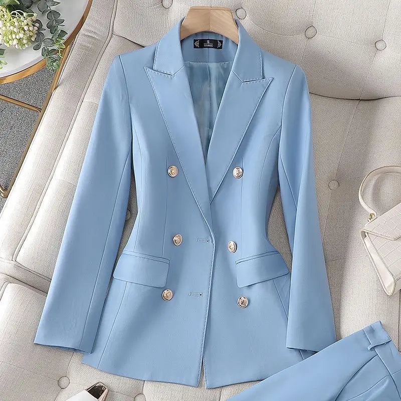 Fashion Office Ladies Pant Suit 2 Piece Sets Women Solid Double-breasted Business Work Wear Blazer Jacket and Trouser Female