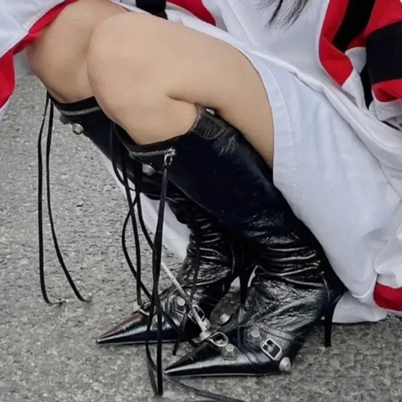 Women Sexy Chelsea Boots Pointed Toe High Heels Shoes Designer Winter New Stilettos Knee High Boots Pumps Motorcycle Botas