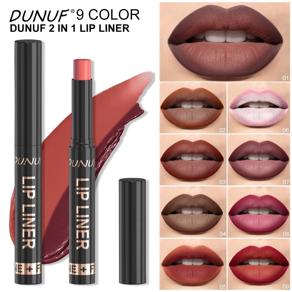 9 Colors 2-in-1 Lip Liner Lipstick, Dual-Ended Matte Lip Pencil, Easy Application Non-Stick Cup Longwear Lip Contour Crayon