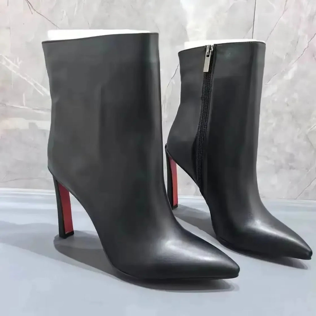 Black Leather Botas De Mujer Pointed Toe Shoes Female High Heels Red Sole Mid-Calf Boots For Women Office Lady Banquet Elegant