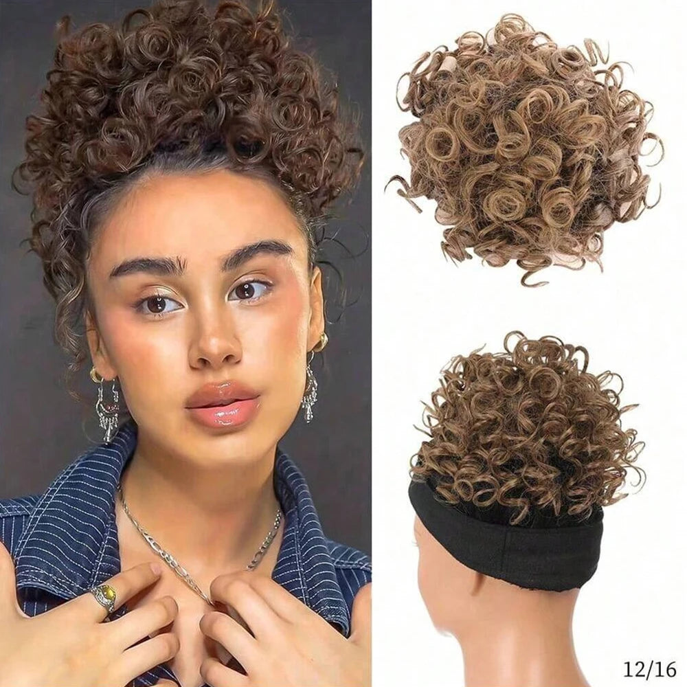 Messy Curly Hair Bun Scrunchies Extensions Synthetic Drawstring Ponytail Light Brown Large Thick Updo Hair Pieces For Women
