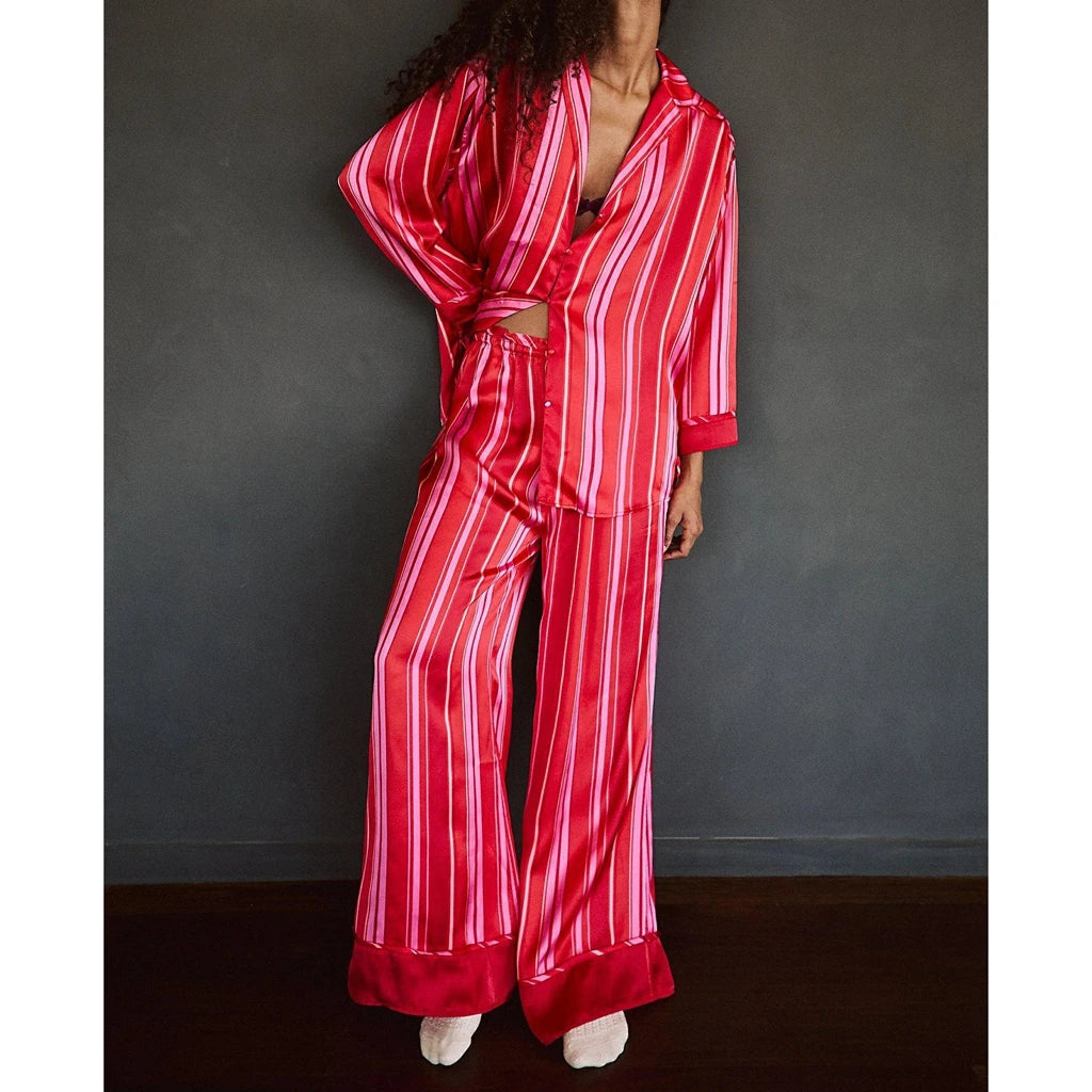 Silk Satin Pajamas Set for Women 2 Piece Floral Loose Pjs Wide Leg Sleep Loungewear Pants with Long Sleeve Button down Shirts