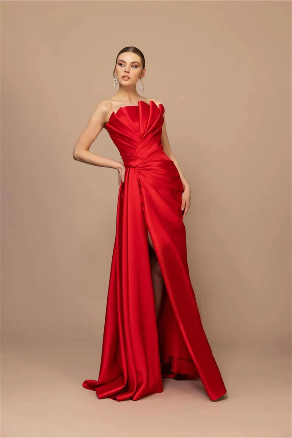 EVON BRIDAL Charming Red Evening Party Gowns Sleeveless Vestidos De Fiesta Fashion High Split Wedding Evening Gown Customized