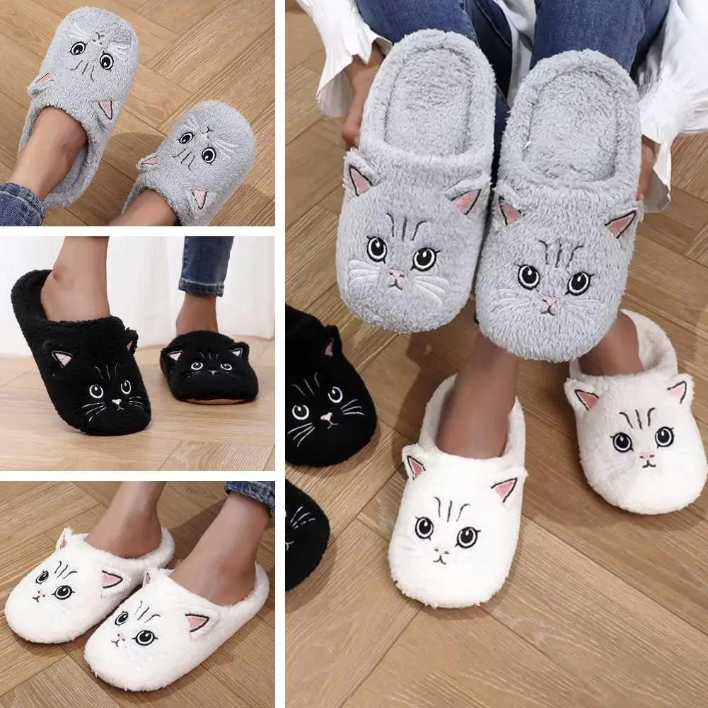 Women's Cartoon Cat Plush Slippers Cozy Winter Bedroom House Shoes with Non-Slip Soft Sole for Indoor Comfort Home Warm Shoes