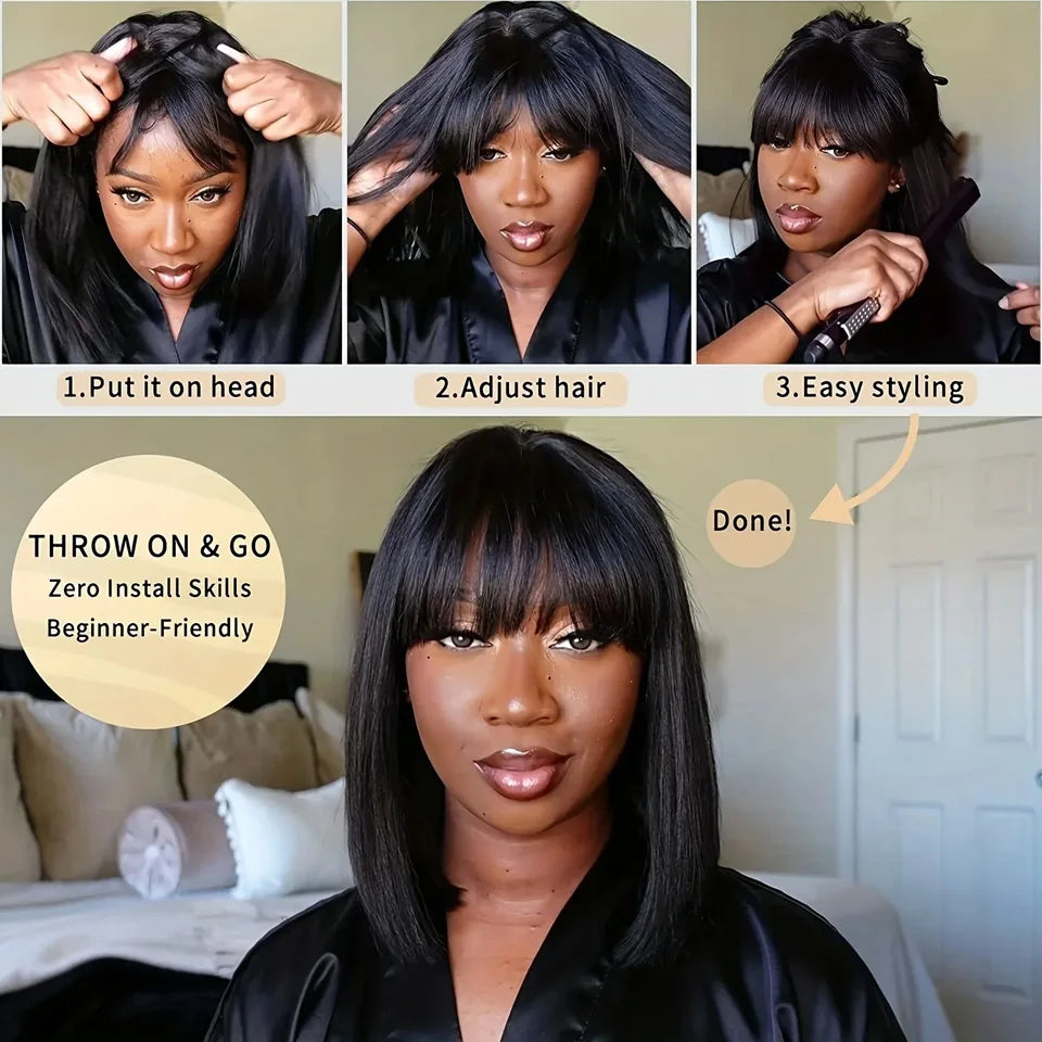 Straight Human Hair Wigs With Bangs Fringe Middle Part Bob Lace Wigs Realistic Scalp Brazilian Straight Bob Lace Wigs With Bangs