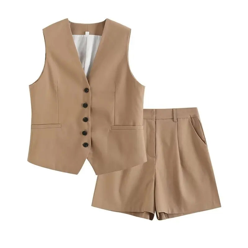 Retro Linen Office Lady Women Suits V Neck Vest Blazer Commuter Wide Leg Shorts Fashion 2024 Summer Vintage 2 Piece work clothes